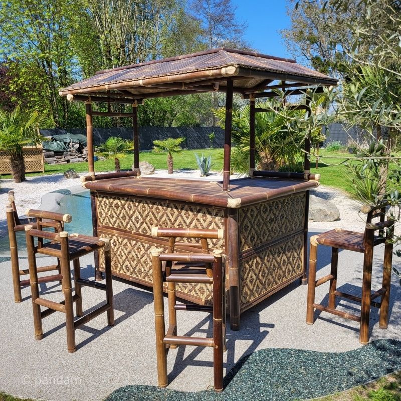 Gran bar de bambú negro + 4 sillas altas (Esquinero) - Exterior o Interior - Envío GRATIS