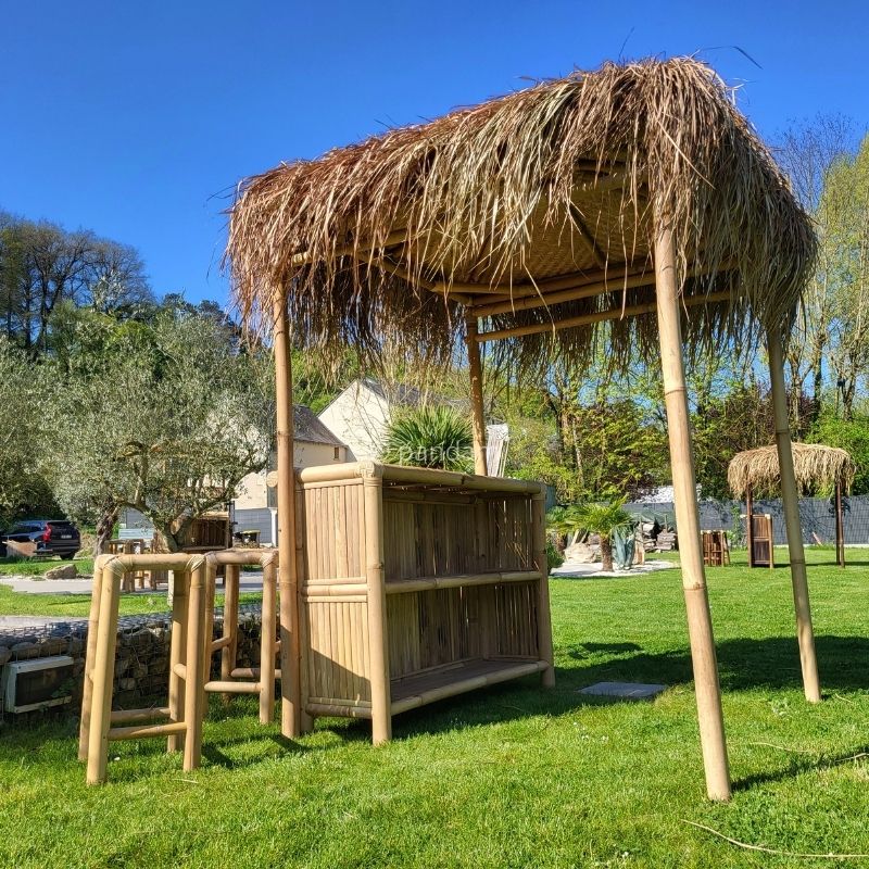 Tiki bar de bambú con palapa clara + 4 sillas – Ambiente tropical - Envío GRATIS