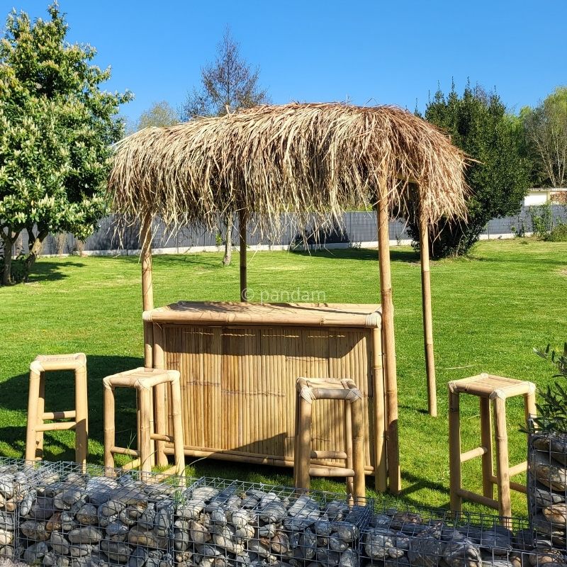 Tiki bar de bambú con palapa clara + 4 sillas – Ambiente tropical - Envío GRATIS