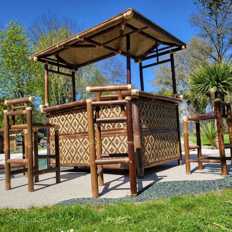 Gran bar de bambú negro + 4 sillas altas (Esquinero) - Exterior o Interior - Envío GRATIS