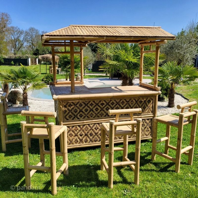 Gran bar de bambú claro (esquina) + 4 taburetes - Envío GRATIS