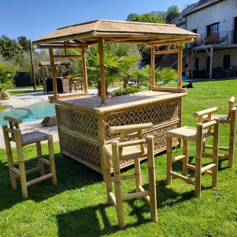 Gran bar de bambú claro (esquina) + 4 taburetes - Envío GRATIS