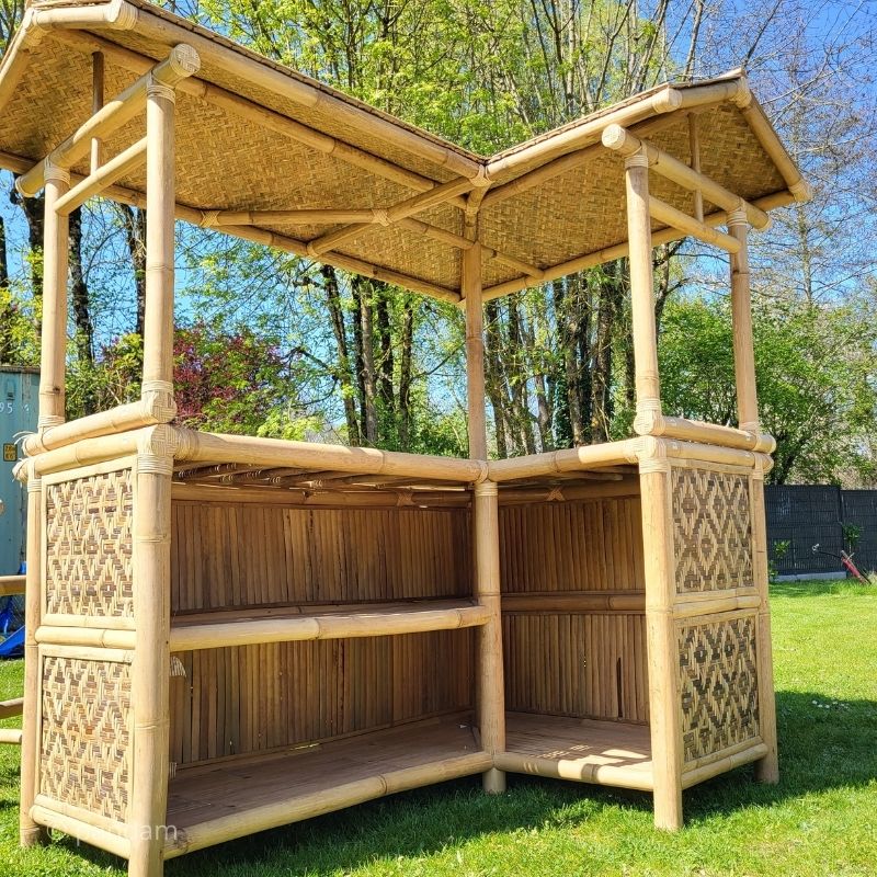 Gran bar de bambú claro (esquina) + 4 taburetes - Envío GRATIS