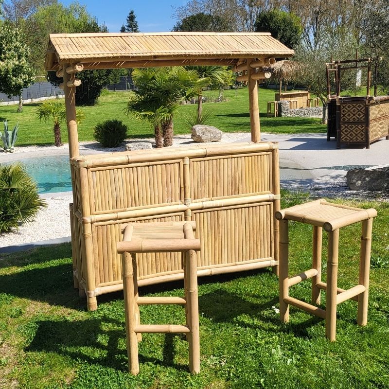 Pequeño bar de bambú con 2 taburetes – Estilo natural y compacto - Envío GRATIS