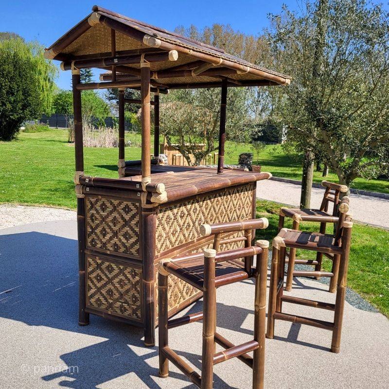 Gran bar de bambú negro + 4 sillas altas (Esquinero) - Exterior o Interior - Envío GRATIS