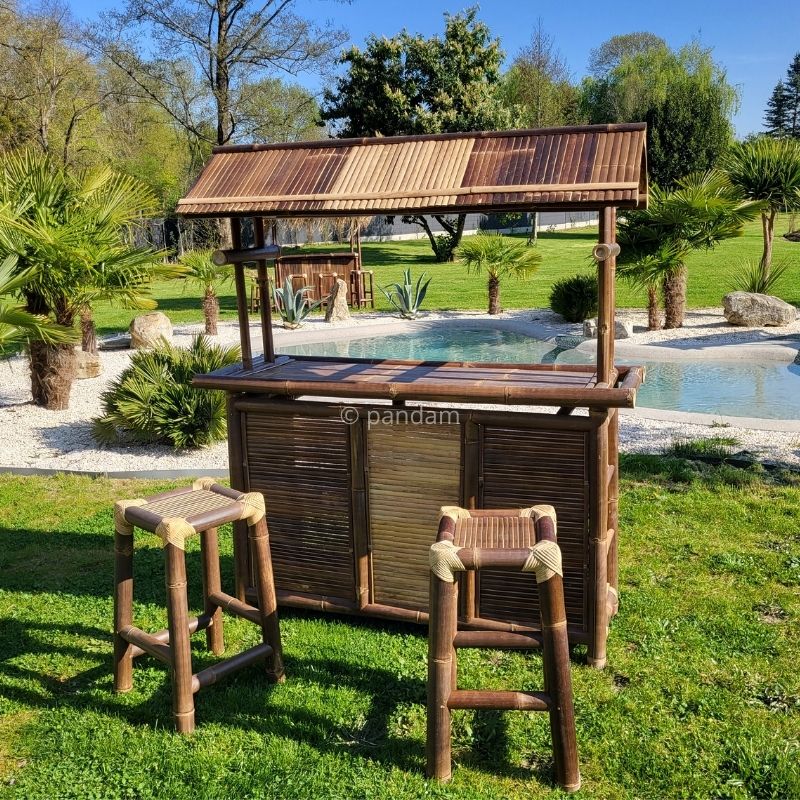Tiki bar de bambú bicolor + 2 taburetes - Envío GRATIS